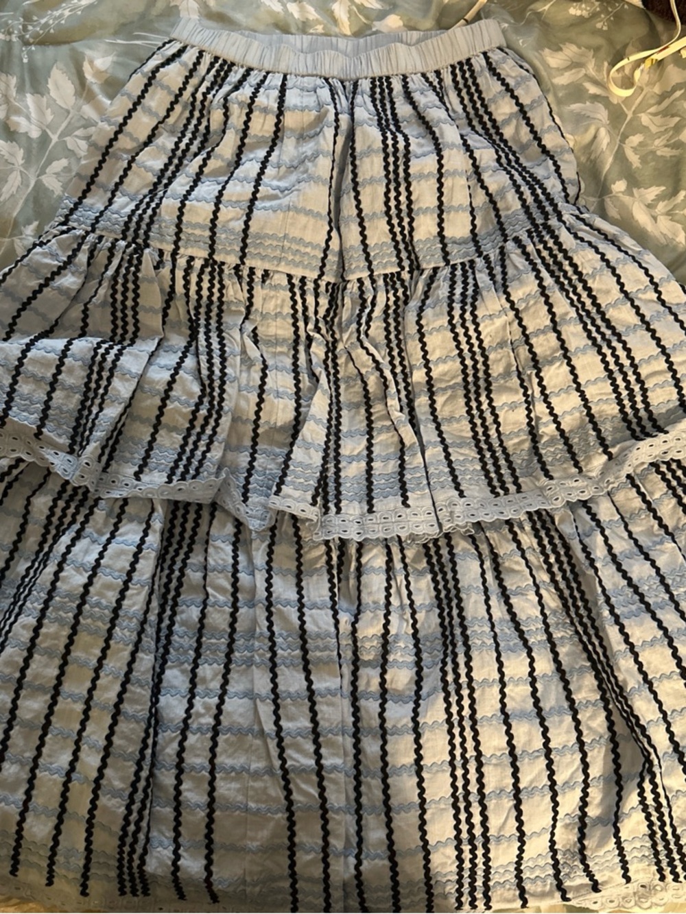 Tiered Blue Eyelet Skirt with Black Stripe Trim